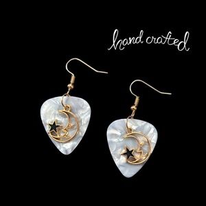 Hand Crafted Earrings Repurposed Guitar Picks Man in the Moon Starry Night NIP